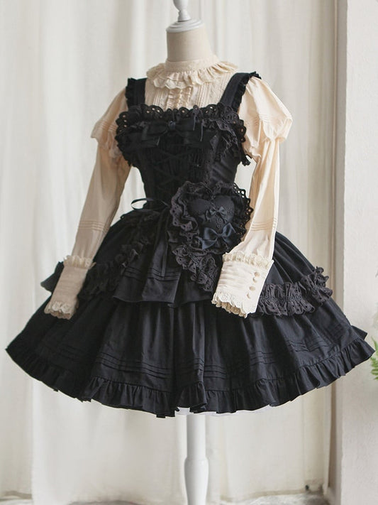 Dress Short Bowknots Heart-shaped Lolita Gothic Version JSK and Decoration Ruffled Black with