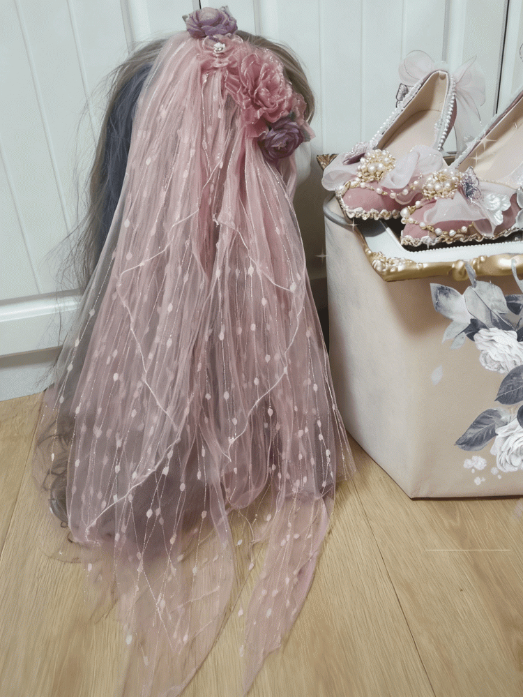 Dreamy Floral Pink-Purple Tulle Lolita Veil Polka Dot