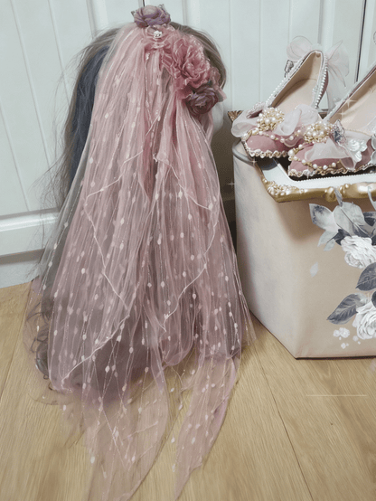 Dreamy Floral Pink-Purple Tulle Lolita Veil Polka Dot