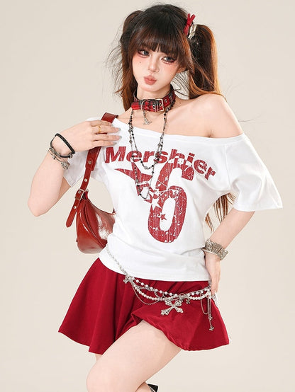 Red Glamorous Skirt Trim Embroidery Lace Letter