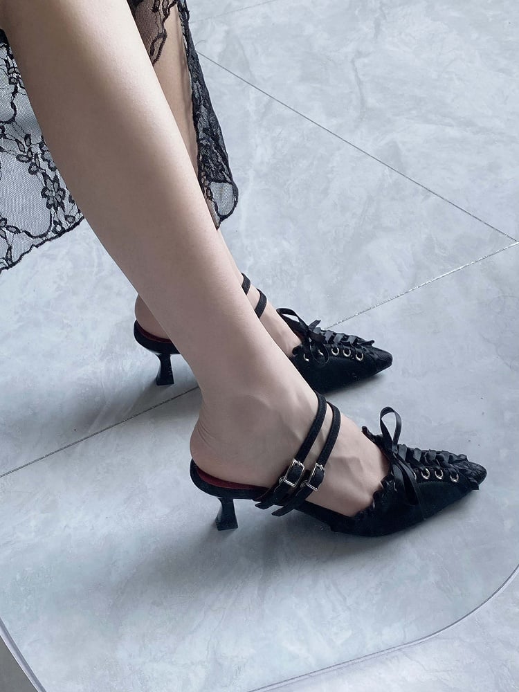 Slingback Pointed Gothic Detail Lace-up Sandals Toe Black