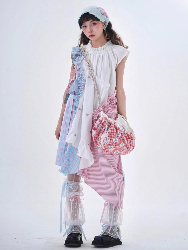 Embroidered Hem Accents with Blue Pink Floral Dress Asymmetrical