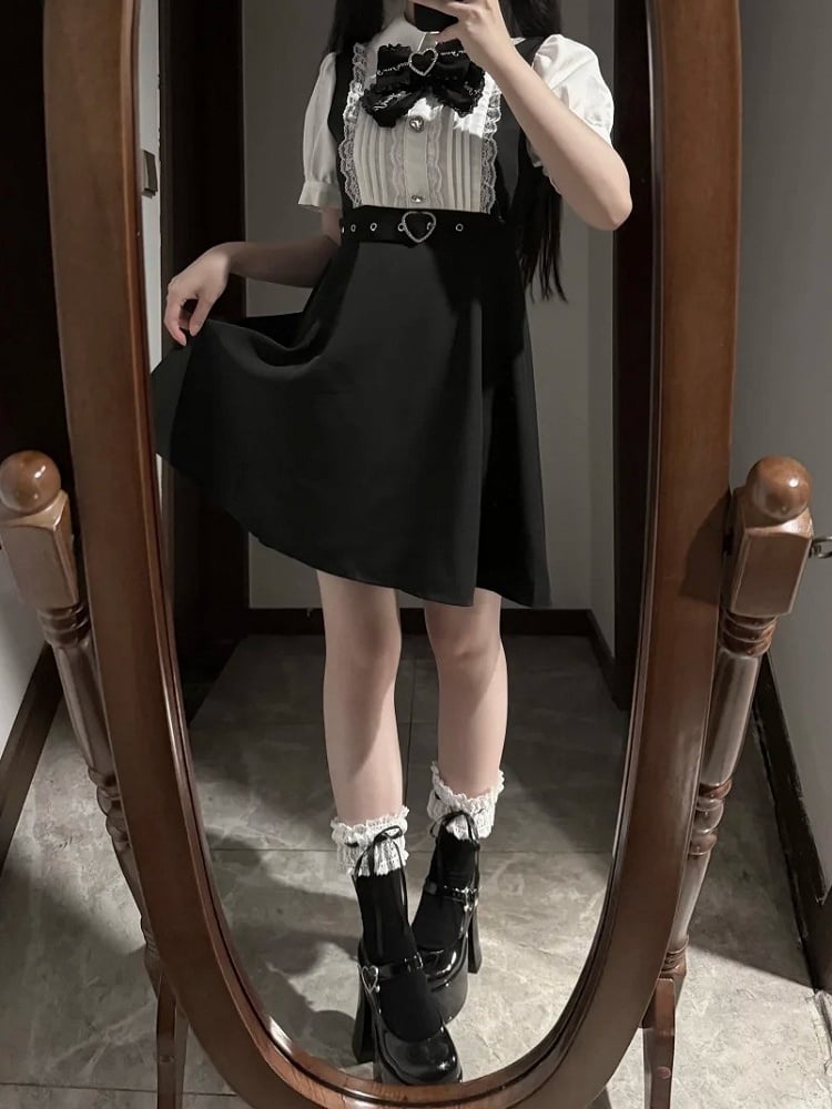 Faux White Jirai Heart Colorblock Dress Bow Kei Tie Belt Overall Black Buckle Detachable with