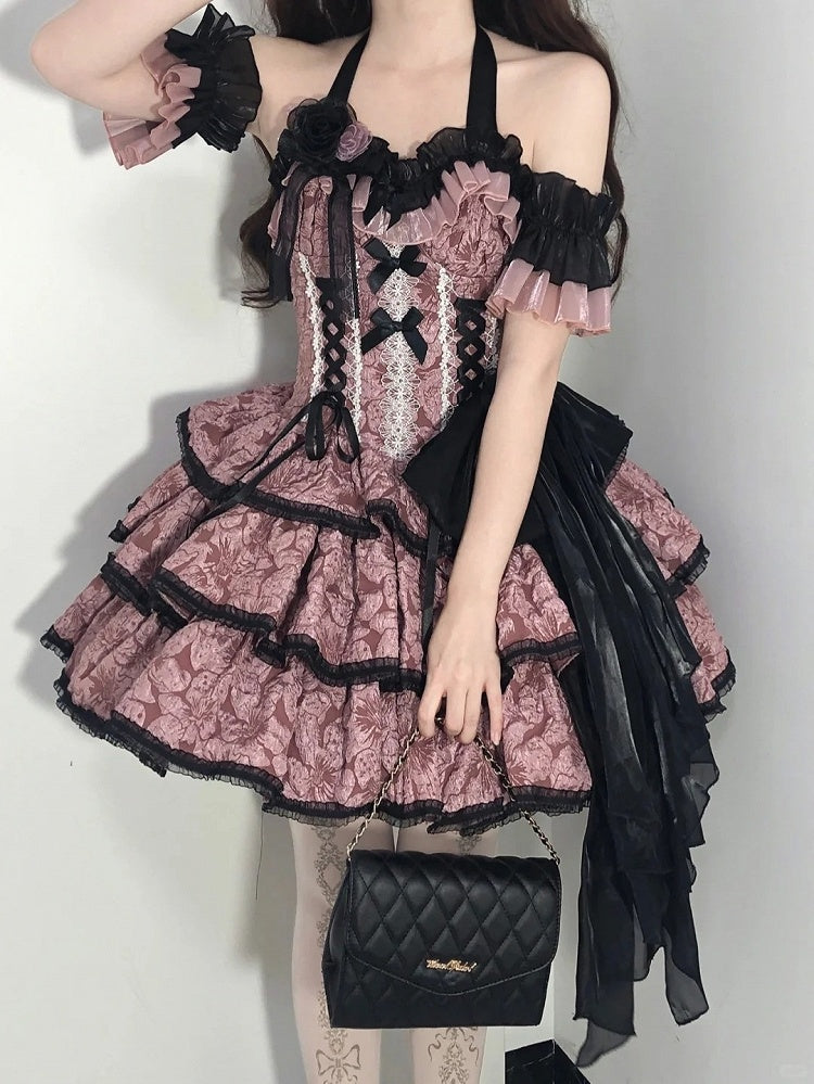 Lolita JSK with and Pink Texture Floral Dark Dress Black Skirt Multi-Layered