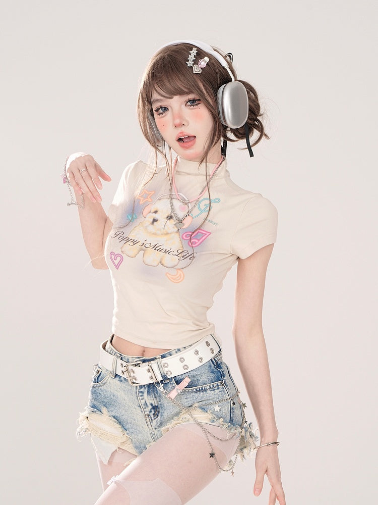 T-shirt with Adorable Puppy Print Apricot Mock Neck Crop