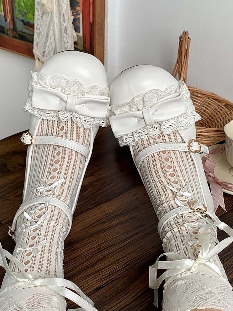 Toe at White Mid Sweet Heels Lace with Round Top Trim Bow