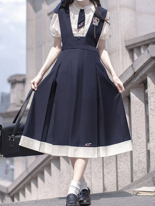 Overalls Box Stickerei Rock Blau Buchstaben mit Falte Dunkel