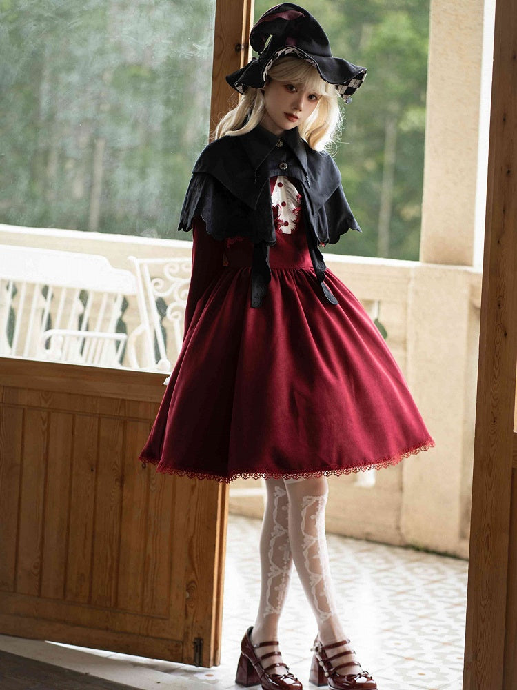 Black Gothic Witch Cloak with Roses & Cross Embroidery - With PUJI