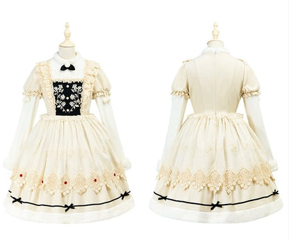 und Ausschnitt Beige Lange Ärmel Manschetten Lolita Floral Plüsch Kleid Mieder Stickerei