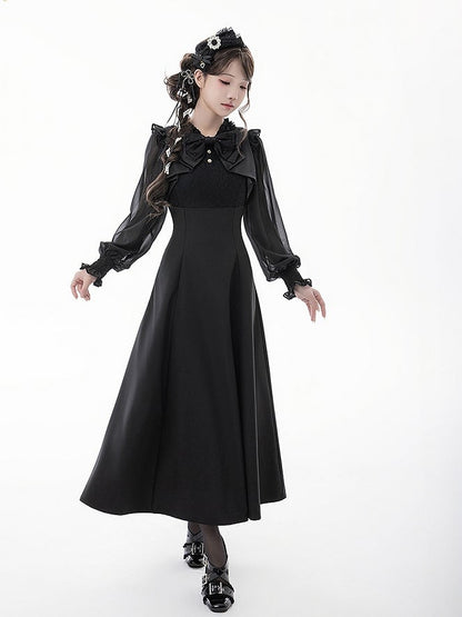 Aesthetic Faux Elegant Clean Design Apricot/Black Two-Piece Maxi Pure Jirai Dress: Kei with