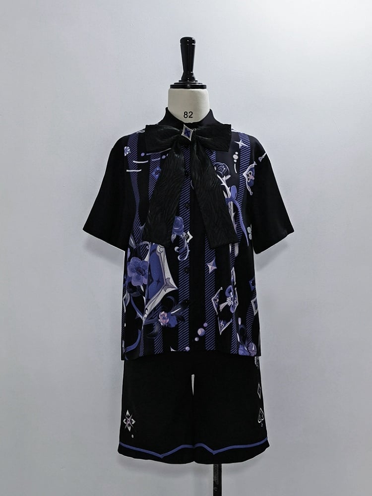 王子ファッションの蝶ネクタイ、マジシャンプリントのローズサマーシャツ、ポーカー