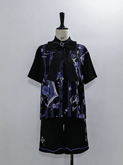 王子ファッションの蝶ネクタイ、マジシャンプリントのローズサマーシャツ、ポーカー