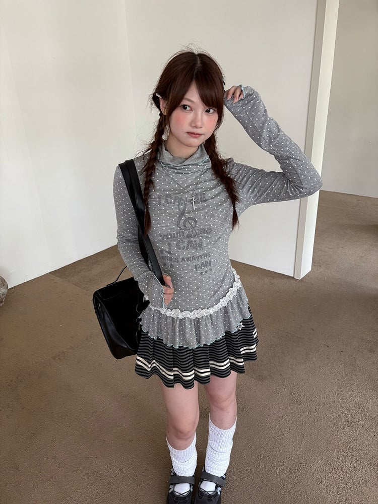 with Dots Ruffle Gray Polka Long T-Shirt Sleeve Neck Trim Lace