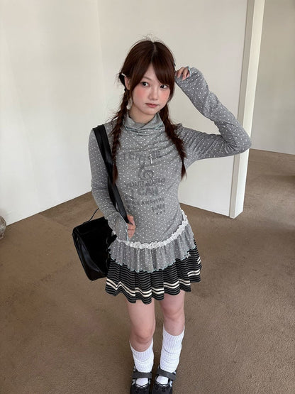 with Dots Ruffle Gray Polka Long T-Shirt Sleeve Neck Trim Lace