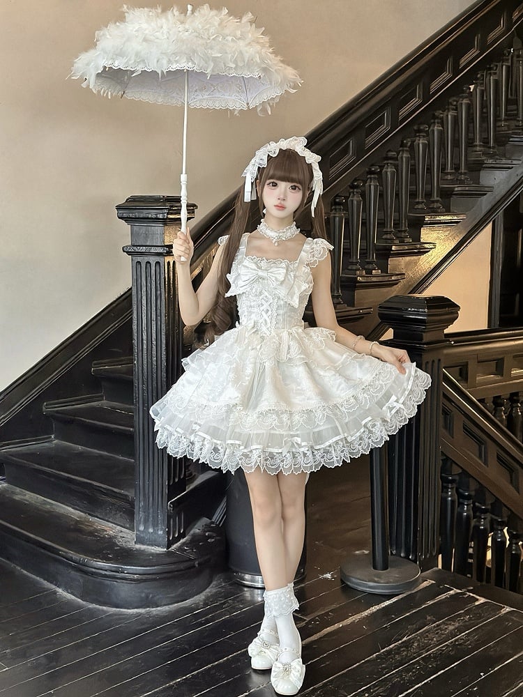 Bow Ruffled Details Lace Embossed Lolita Sweet with Only JSK Jacquard Dress / Princess + White Train
