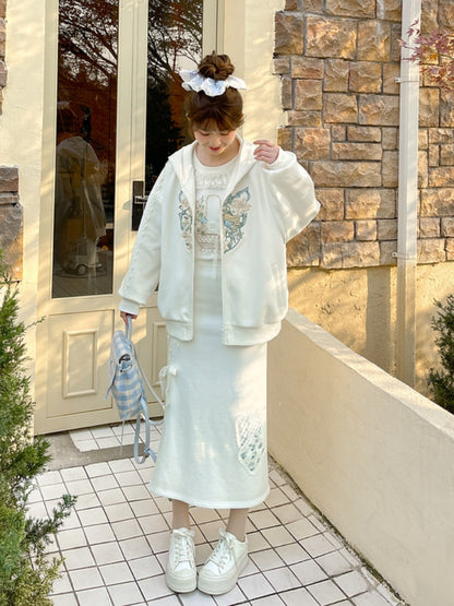 ホワイトレースリボンサイドスリットフローラルアップリケスカート