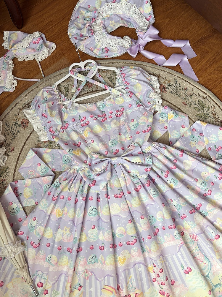 Lila Sommer und Eiscreme Lolita Sweet Cherry Kleid Print
