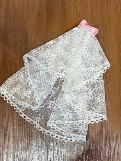 White Lace Lolita Head Veil with Pink Bow