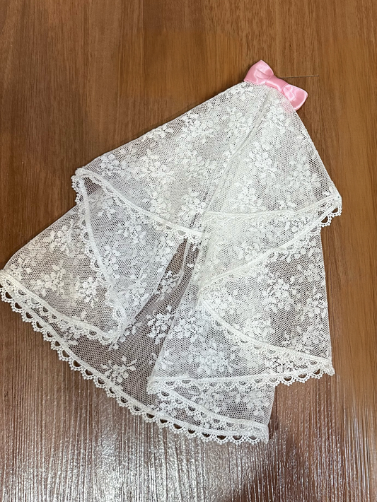 White Lace Lolita Head Veil with Pink Bow