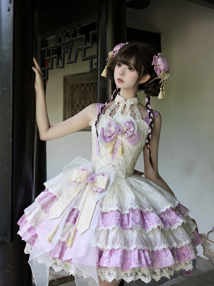 スカートドレス ロリータ ホルターネック バスク ウエスト取り外し可能 Qi パープル ティアード