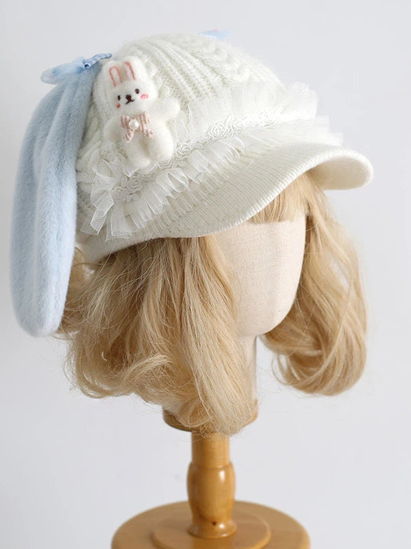 Bunny Ear Beret - Sweet Lolita Plush Bunny Accent in Pink & Blue