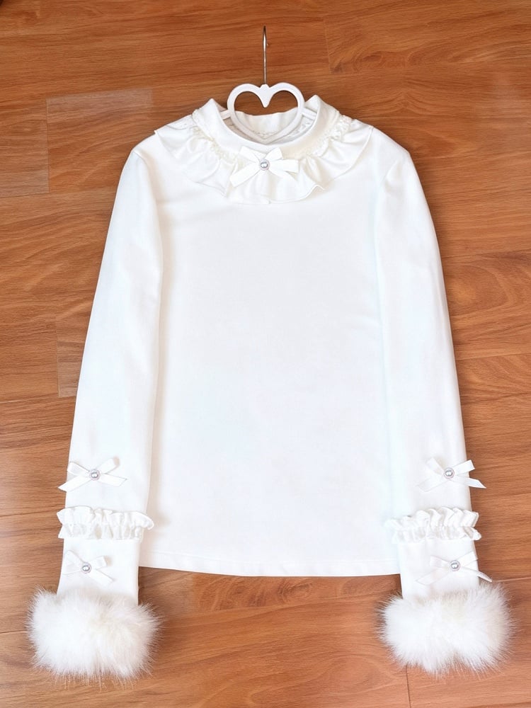 Lolita Long Top White Autumn/Winter with Ruffles Cozy Sleeves