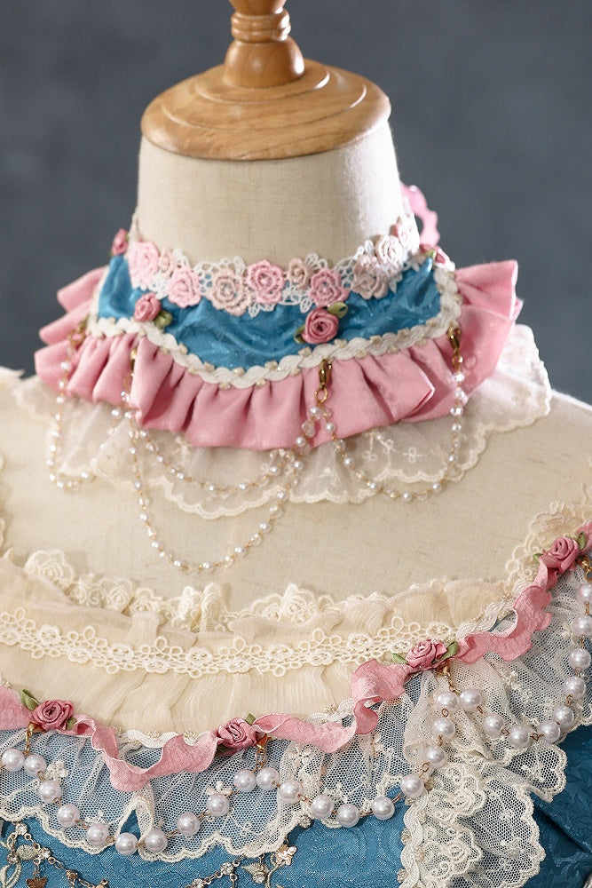 Blue Hanayome Rosette Embroidery Floral Bead Chain Lolita OP - Bramble Rose