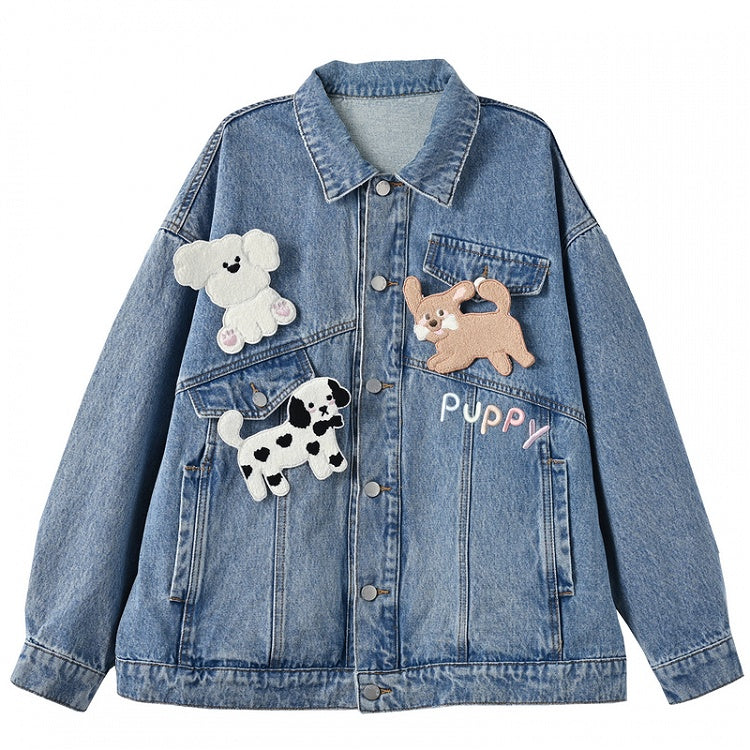 Wash Distressed Denim Jacket with Detachable Puppy Brooches Blue Faded