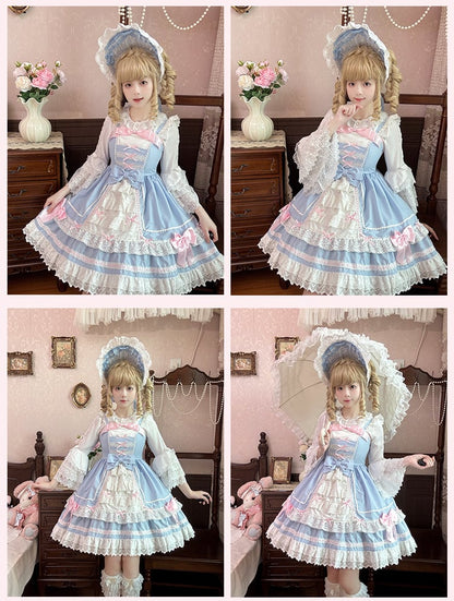 Süßes Lolita-Kleid mit Spitzenbesatz, rosa Schleifen, blau, JSK