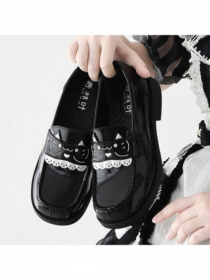 Women's Low Heel Mary Jane School Shoes with Cat Embroidery
