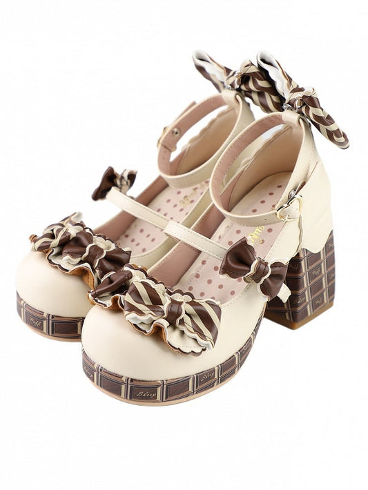 Chocolate Sweet Platform Heart Buckle Mary Janes - Sheep Puff