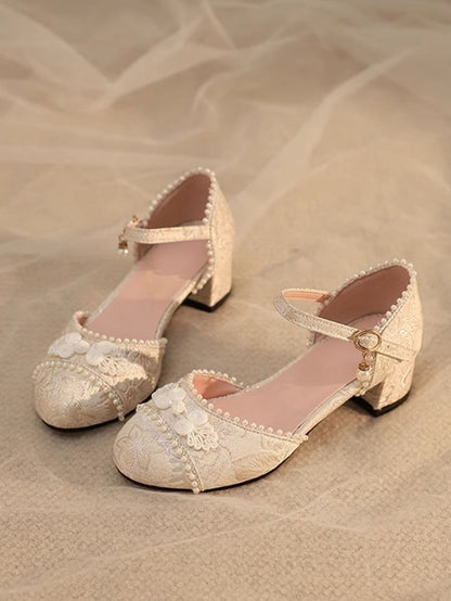 Beige Details - Floral Beads Button Lolita Sandals Mid-heel Frog Pattern Qi Satin