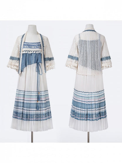 White and Blue Lace Tassel Cardigan with Floral Print Sleeveless Pleated Dress - Han Ru Chu Hanfu &amp; Han-Element Studi