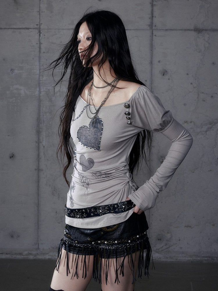 Punk Heart Cross Juliette Knit Top Gray with Sleeves Print Grunge Aesthetic Asymmetrical