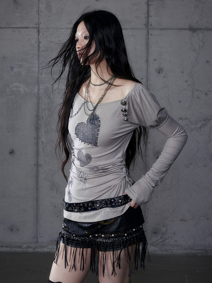 Punk Heart Cross Juliette Knit Top Gray with Sleeves Print Grunge Aesthetic Asymmetrical