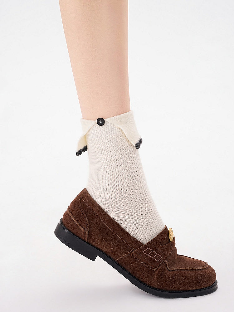 Button Detail 3-Color Socks Ankle with Knit Ribbed
