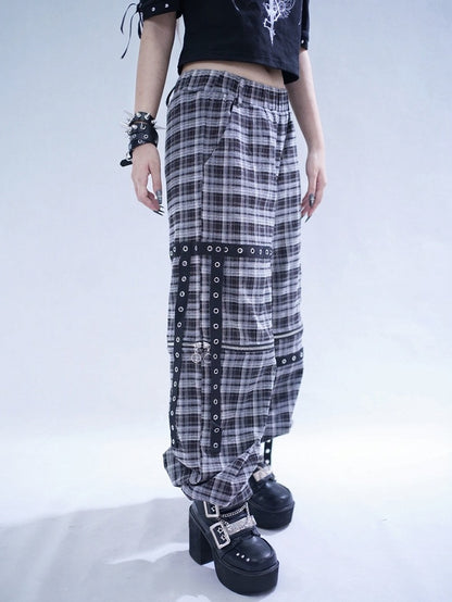 Black Plaid Pants with Detachable Legs & Chain Accents - Tribuo Flos