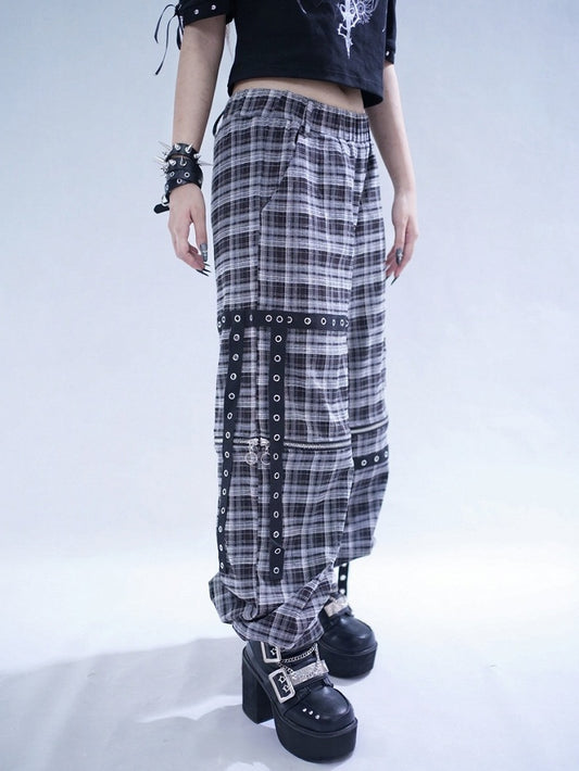 Black Plaid Pants with Detachable Legs & Chain Accents - Tribuo Flos