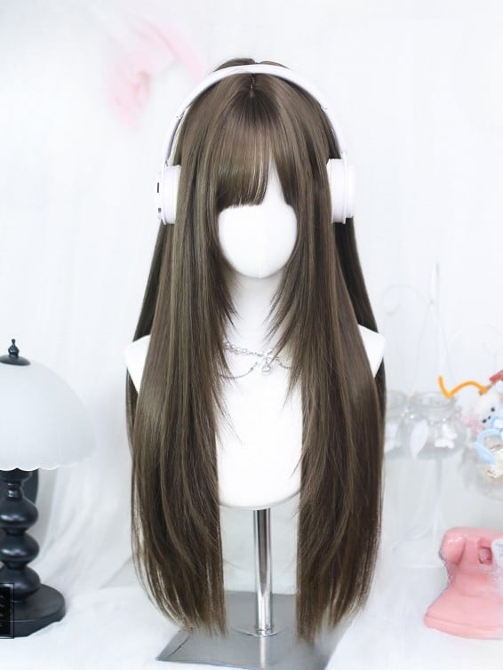 長さ ブラウン ストレート ウィッグ付き 前髪 60-65CM