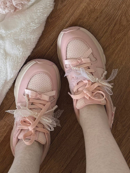Front Lace-up Details Ties Sneakers Bowknot Decorated Beaded Pink