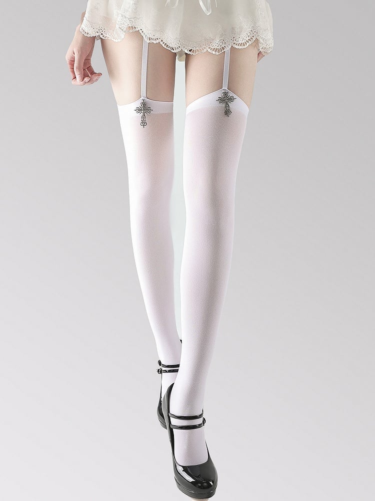 Cross Suspender Gothic Metal Style White/Black Stockings