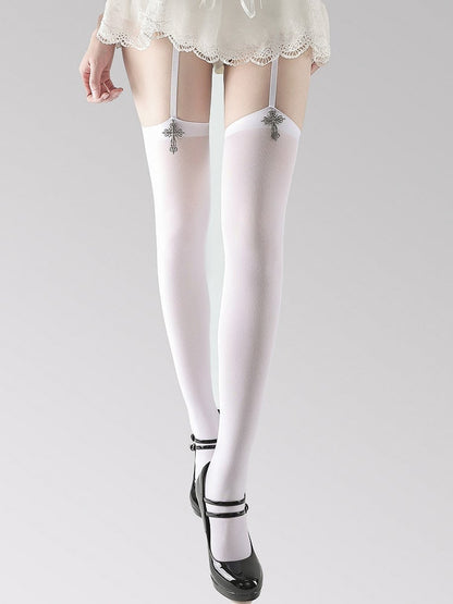 Cross Suspender Gothic Metal Style White/Black Stockings