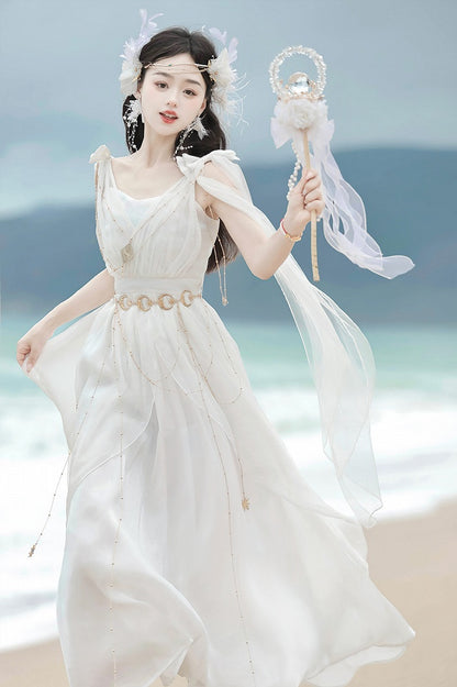 White Greek-inspired Lolita Flowing Bow Shoulders Maxi Dress with Gold Chains - Xiong Dou Jiang