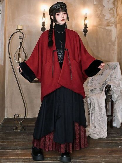 Embellished - Year Red Coat Cuffs Placket Button Plush Sleeve New Tassel Cape