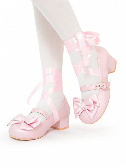 Mary - Lace-up Bow at Toe Pink Janes Top Round PU Ankle
