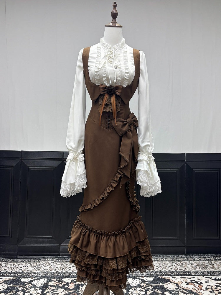 White & Brown Bell Sleeve Lolita Blouse with Bow Ruffle Mermaid Skirt Set - The First Witch