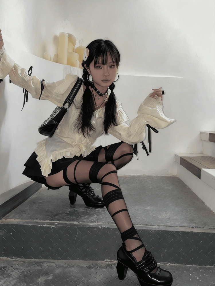 Black/White Semi-sheer Bandage Stockings