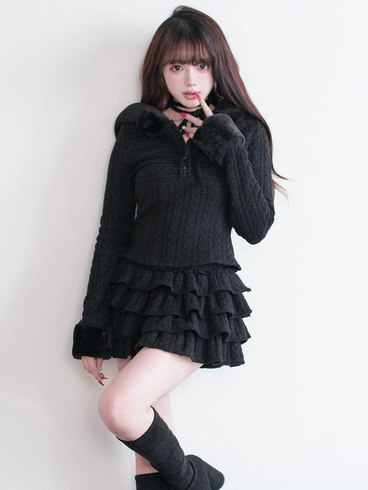 Black Ruffle Kei Multi-Layered Knit Skirt Jirai