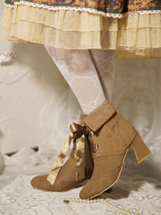 and Boots Fleece Ankle Fold-Over Cuff Design Lolita Brown Lining Plush - with Elegant Lace-Up
