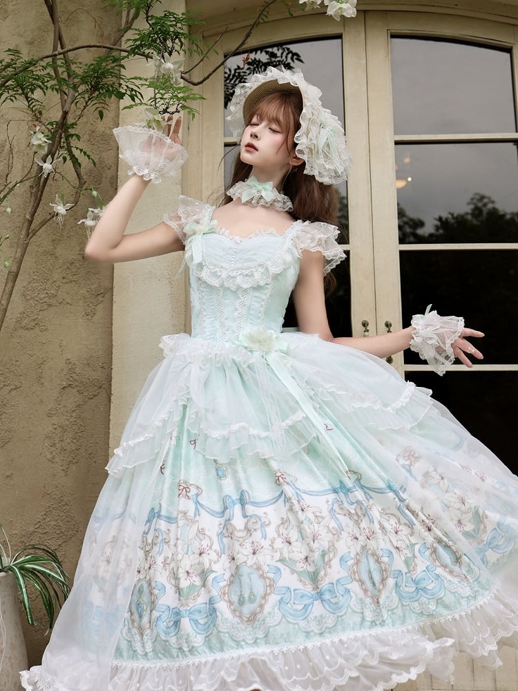 Mint Green Lily Print Lolita JSK Gown with Tulle Overlay and Back Bow Set - White Sugar Girl